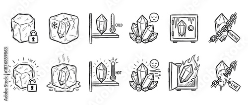 Hand drawn icon set of a crystal showing active and inactive states with conceptual metaphors like frozen, melting, locked, unlocked, cold, hot, chained, and free in a doodle style