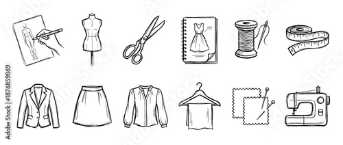 Hand drawn sewing and tailoring icon set with a mannequin, scissors, sketchbook, measuring tape, and clothing items in a simple black and white doodle illustration style