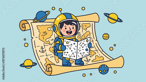 Cartoon Astronaut Exploring Space with Star Map and World Scroll Illustration