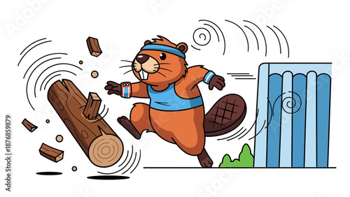 Cartoon Athletic Beaver Logging Wood Construction Activity Sport Vector Design