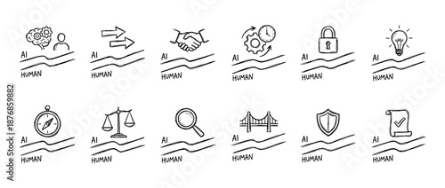 Set of hand-drawn doodle icons comparing artificial intelligence and human capabilities in areas like ethics, security, creativity, efficiency, and collaboration