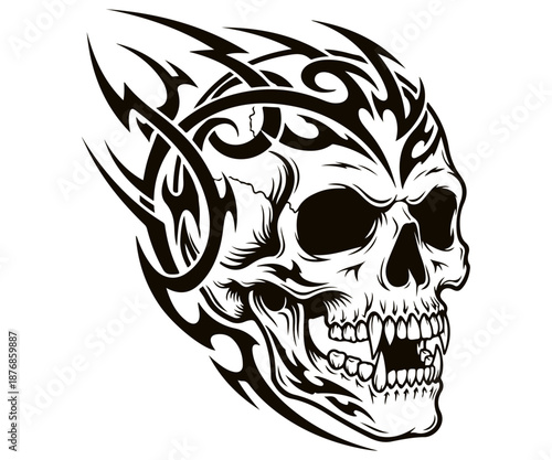 Aggressive human skull with fierce expression adorned with dynamic tribal flame tattoo artwork