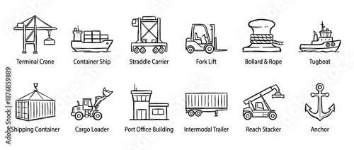 Hand-drawn shipping and logistics icon set with labels, featuring a crane, container ship, forklift, and tugboat in a simple black and white line art doodle style illustration