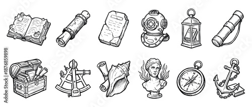 Set of hand-drawn nautical adventure icons including a compass, anchor, treasure chest, sextant, and spyglass in a vintage black and white sketch illustration style