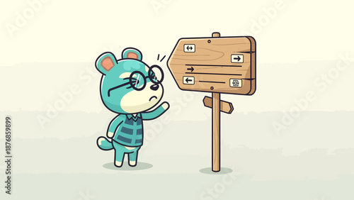 Cartoon Bear Confused By Direction Sign With Arrows And Destinations In Differents Sides