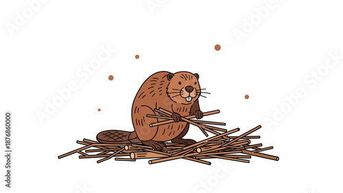 Cartoon Beaver Building Lodge On White Background Vector Illustration