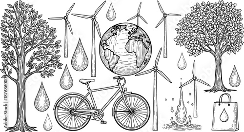 Black and white illustration of eco-friendly living with trees, wind turbines, Earth, water conservation, bicycle, and reusable shopping bag