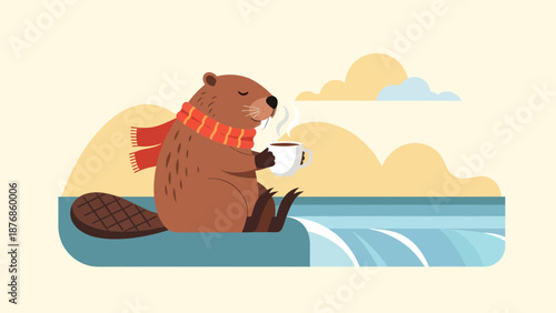 Cartoon Beaver Enjoying Hot Beverage By River On Calm Landscape Illustration