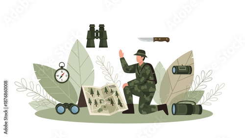 Camouflaged Explorer Planning Trekking Expedition With Map And Navigation Tools