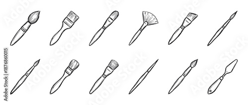 Set of hand-drawn artist paintbrushes and a palette knife in a black and white doodle style, showcasing various shapes and sizes for painting, drawing, and creative hobbies