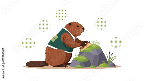 Cartoon Beaver Grooming Mossy Rock Face With Brush Wearing Outfit