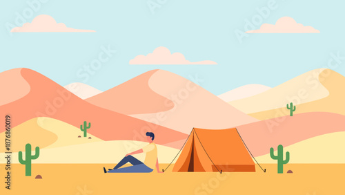 Camp In Serenity Desert Escape Man With Tent Beneath Calm Sky And Dunes