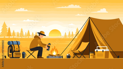 Camp In Nature Landscape With A Tourist Man Near The Fire Place