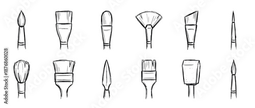 Set of twelve hand-drawn artist paintbrushes in various shapes and sizes, presented in a simple black and white line art style for creative and hobby concepts