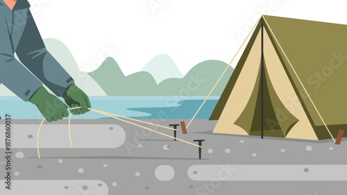 Camp Setup At Lakeside With Tent Staked To Ground For Secure Shelter