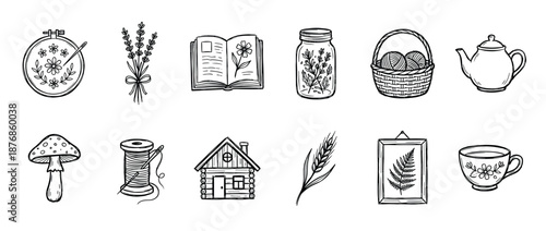 Charming set of hand-drawn cottagecore icons in a black and white doodle style, illustrating cozy slow living themes like knitting, embroidery, herbal tea, and a rustic log cabin