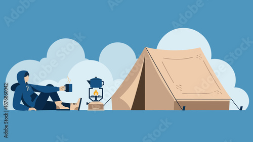 Camper Enjoying Morning Beverage Beside Tent Within Tranquil Outdoor Setting