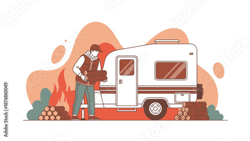 Camper Life Preparing Firewood For The Evening Adventure In Nature