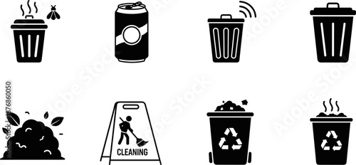 Black and white waste management icons including recycling, composting, smart bins, cleaning, sanitation, and trash disposal for eco and hygiene visuals