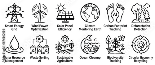 Set of environmental technology icons illustrating concepts of sustainability, renewable energy, climate monitoring, recycling, and AI-driven conservation in a clean line art style