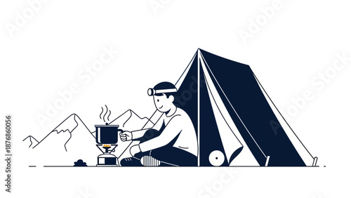 Camper Enjoying A Hot Meal During An Outdoor Adventure In Front Of His Tent