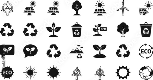Black eco icon set featuring renewable energy, recycling, nature, sustainability, solar power, wind turbines, conservation, and environmental awareness symbols