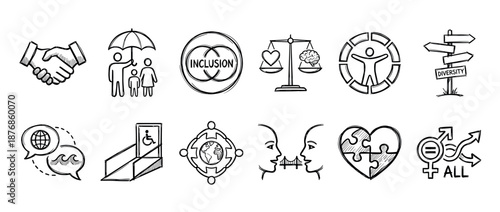 Hand-drawn sketch icon set illustrating diversity, inclusion, and equity with symbols for accessibility, community, gender equality, and global communication in a simple line art style