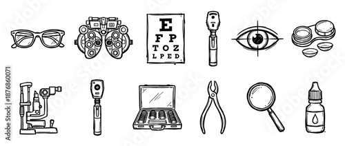 Hand-drawn collection of ophthalmology and optometry equipment icons including a phoropter, eye chart, glasses, and contact lenses in a simple black and white doodle illustration