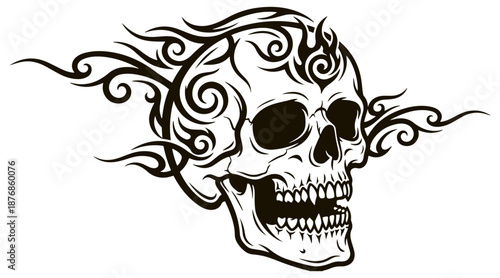 Detailed human skull graphic with open mouth and decorative swirling tribal lines as tattoo element