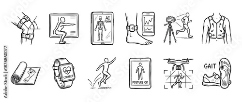 Hand-drawn icon set of biomechanics technology for sports science, showing gait analysis, posture correction, AI form tracking, and wearable fitness sensors in a doodle sketch style