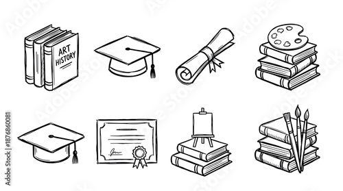 Hand-drawn black and white icon set representing art school education and graduation, with mortarboards, diplomas, books, a palette, paintbrushes, and an easel in a doodle style