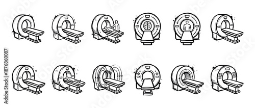 Collection of hand-drawn MRI scanner icons in a black and white sketch style, illustrating medical imaging equipment with a patient, brain scan, and magnetic field for diagnostics
