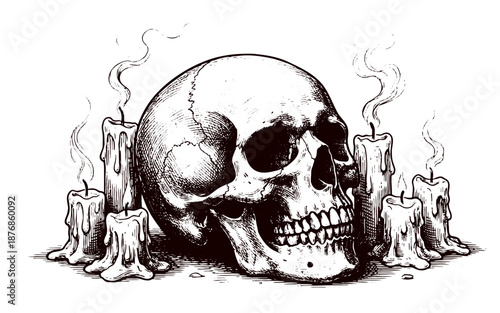 Detailed hand-drawn human skull surrounded by burning wax candles engraving illustration