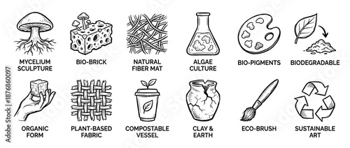 Set of hand-drawn sustainable material icons illustrating concepts of bio-design, eco-art, and biodegradable technology in a black and white sketch style