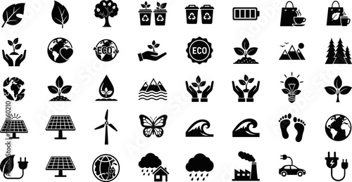 Black eco icon set featuring sustainability, renewable energy, recycling, nature, electric vehicles, green innovation, biodiversity, and environmental conservation symbols