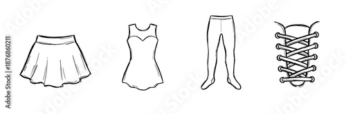 Set of hand-drawn clothing icons featuring a skirt, dress, tights, and lace-up detail, rendered in a simple black and white doodle style for fashion or dance concepts