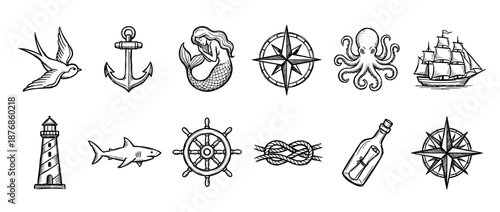 Collection of twelve nautical sketch icons including a mermaid, anchor, octopus, sailing ship, lighthouse, and compass rose in a classic hand-drawn tattoo style