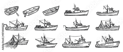 Collection of hand-drawn fishing boats and rowboats in a black and white sketch style, featuring various trawlers with nets and lobster pots for nautical and maritime themes