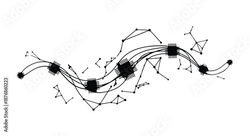 Abstract network of interconnected nodes and lines forming a flowing wave pattern