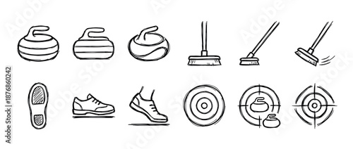 Hand-drawn set of curling sport icons in a black and white doodle style, featuring essential equipment like the stone, broom, special shoes, and the target house