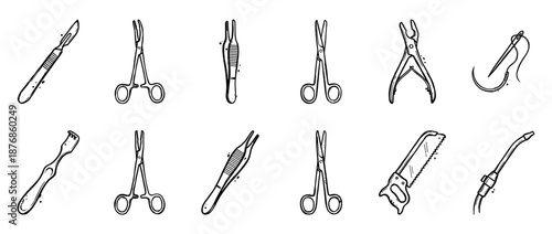 Collection of hand-drawn surgical instruments including a scalpel, forceps, scissors, and saw, illustrated in a black and white sketch style for healthcare and medical concepts
