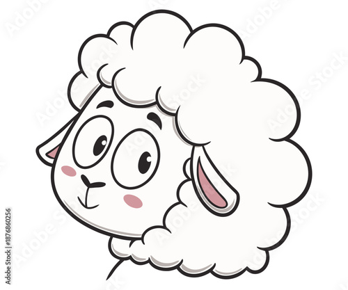 Happy cartoon sheep head with big eyes and pink cheeks, playful expression, transparent background