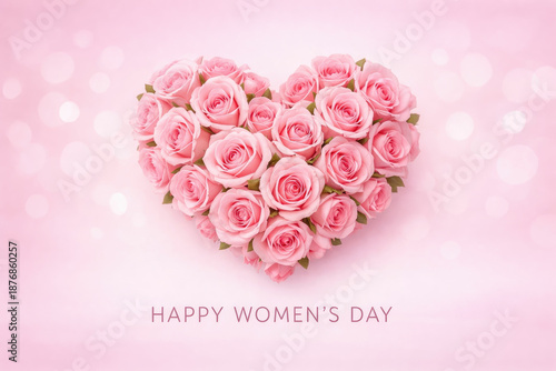 Happy Women's Day Pink roses heart shape on light pink background for greeting card