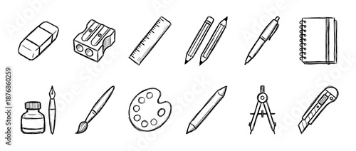 Hand-drawn school and office stationery icons featuring a pencil, ruler, sharpener, pen, and art supplies like a paintbrush and palette in a simple black and white sketch illustration