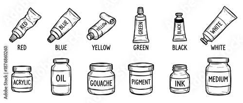 Artist paint tubes and jars of various mediums like oil, acrylic, and gouache in a hand-drawn black and white sketch style illustration set for creative projects