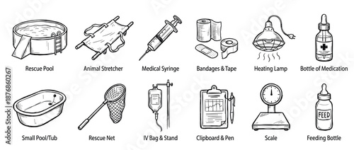 Collection of hand-drawn animal rescue equipment icons including a stretcher, syringe, bandages, and feeding bottle in a simple black and white sketch style illustration