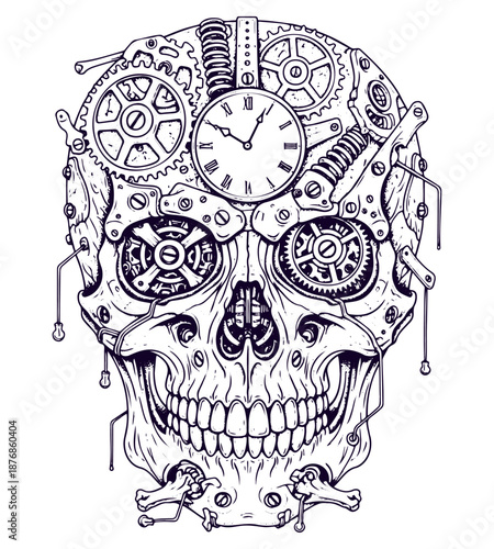 Steampunk skull concept with mechanical gears, clock face, and technical parts vector sketch