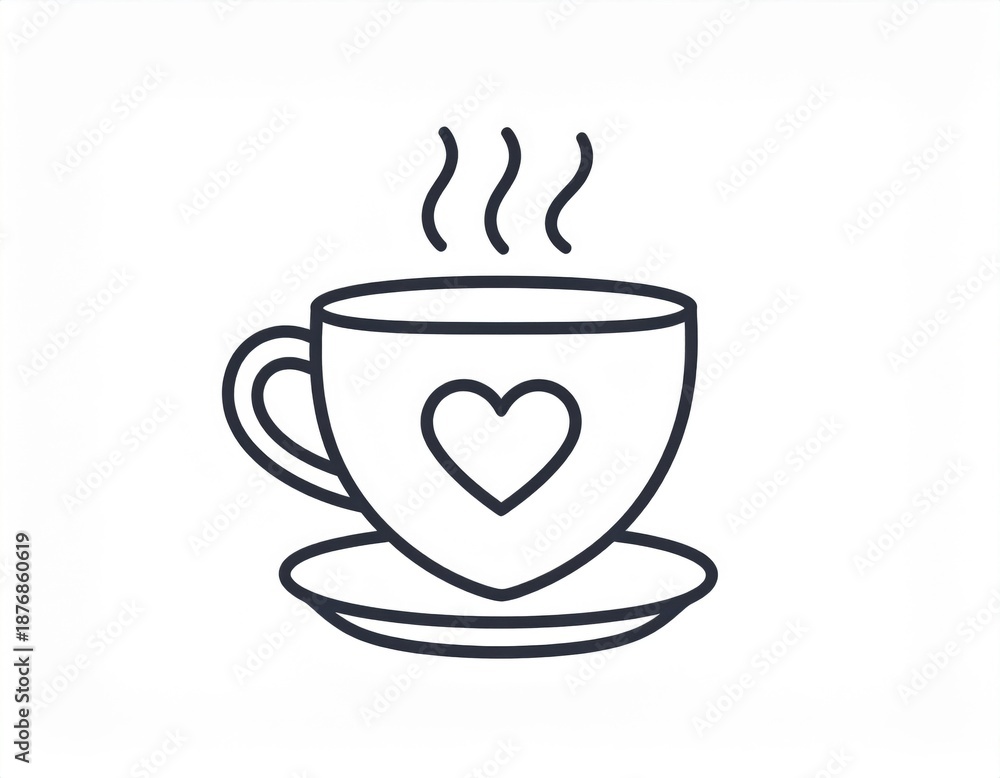 Obraz premium Line Art of Steaming Coffee Cup with Heart on White Background