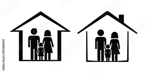 Black and white illustration of two houses each containing a family silhouette