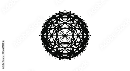 Intricate geometric sphere structure on a clean white background, representing complex networks and data.